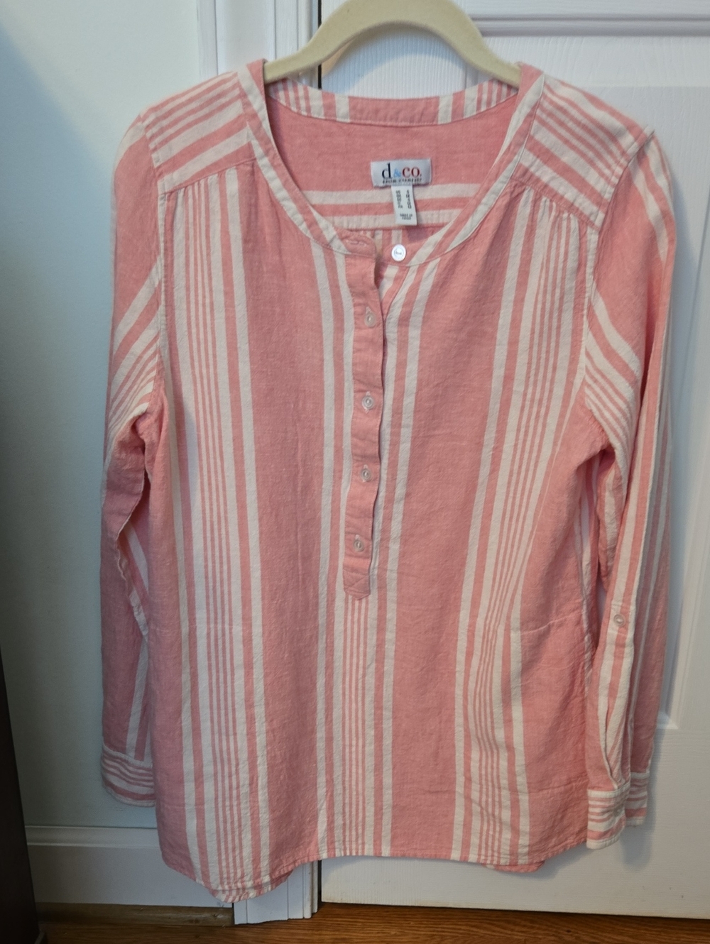 Denim&Co Pink and White Striped Long Sleeve Henley Top